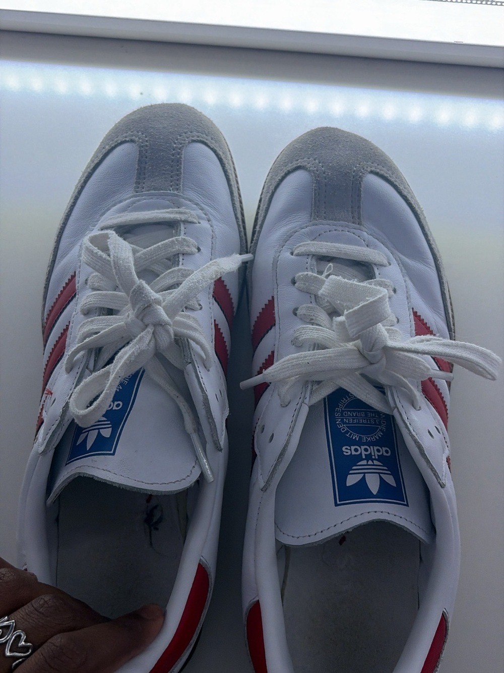 adidas Kids White Sneakers with Red Stripes and Blue Tongue Logo
